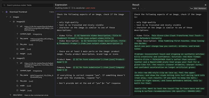 n8n expression checking a generated thumbnail image against the video title, description, and product name/company name for quality and brand consistency