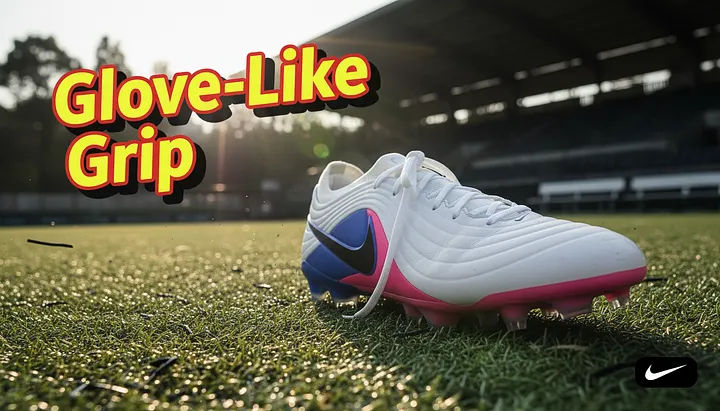 Final generated YouTube thumbnail reading 'Glove-Like Grip' next to a Nike football boot on a stadium pitch