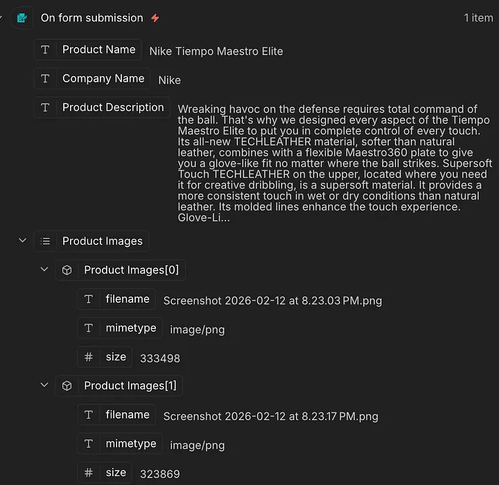 Sample form submission showing Product Name 'Nike Tiempo Maestro Elite', Company Name 'Nike', a product description, and two uploaded product images
