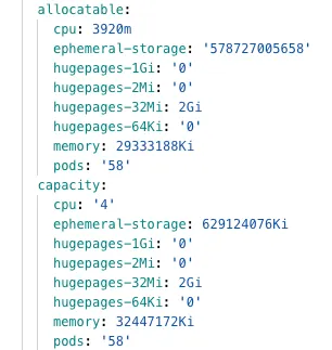 kubectl describe node output showing hugepages-32Mi at 2Gi under both allocatable and capacity