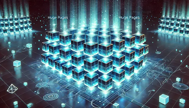 Glowing 3D grid of illuminated blocks labeled 'Huge Pages', representing large contiguous memory pages