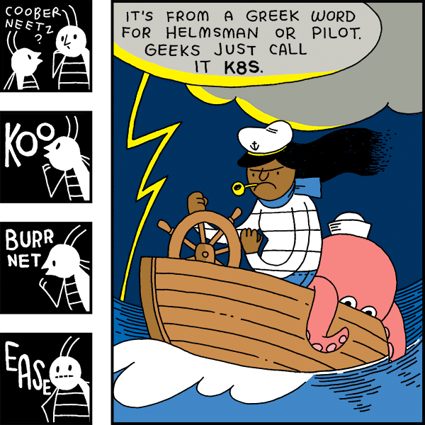 Comic panel of a ship's captain at the helm explaining that Kubernetes comes from a Greek word for helmsman or pilot, which geeks shorten to K8s