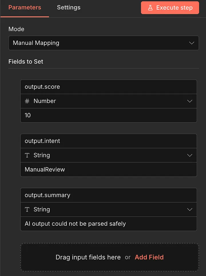 n8n Set node assigning fallback values: output.score = 10, output.intent = ManualReview, output.summary = 'AI output could not be parsed safely'