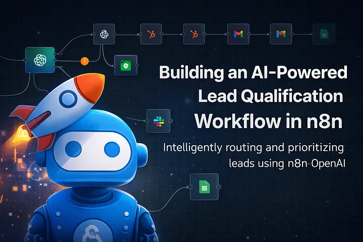 Illustration of a robot mascot beside a workflow diagram connecting a webhook to HubSpot, Gmail, and Slack icons, titled 'Building an AI-Powered Lead Qualification Workflow in n8n'