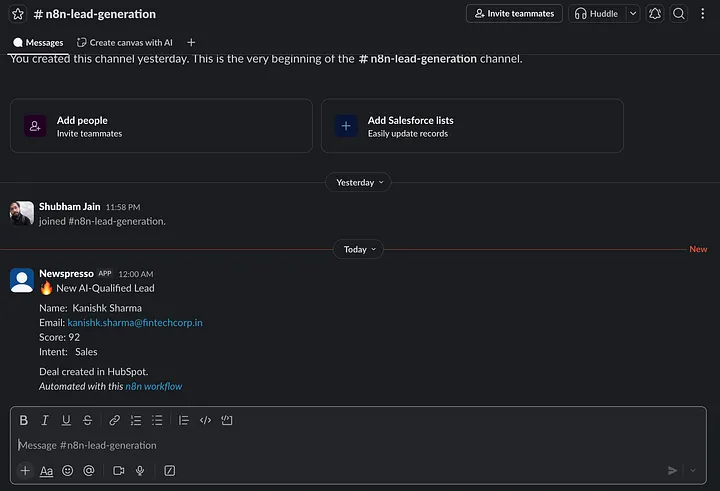 Slack message in #n8n-lead-generation: 'New AI-Qualified Lead — Name: Kanishk Sharma, Score: 92, Intent: Sales. Deal created in HubSpot.'