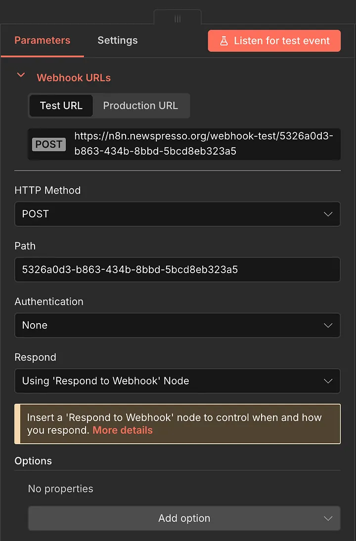 n8n Webhook node configured with a POST method, a test URL, no authentication, and set to respond via a 'Respond to Webhook' node