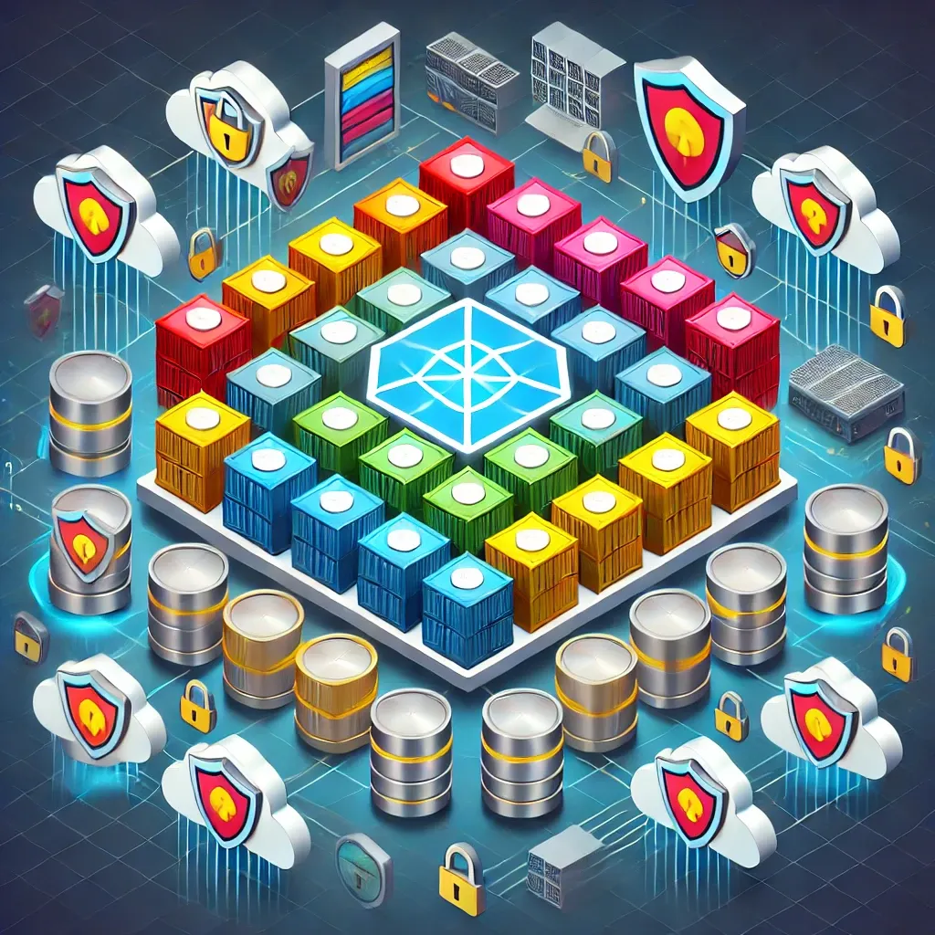 Isometric illustration of isolated, color-coded tenant blocks on a shared platform, ringed by shields and locks