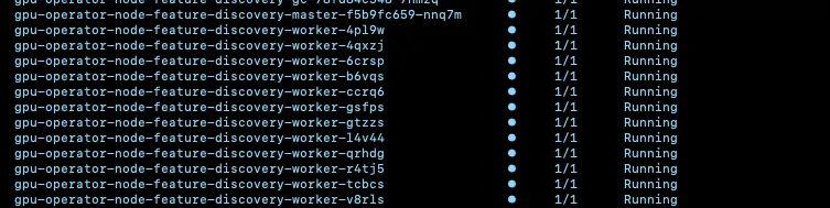kubectl output showing gpu-operator-node-feature-discovery-master and multiple gpu-operator-node-feature-discovery-worker pods, all Running 1/1