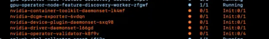 kubectl output showing gpu-operator-node-feature-discovery-worker pods Running and nvidia-container-toolkit-daemonset, nvidia-dcgm-exporter and other NVIDIA pods still Init