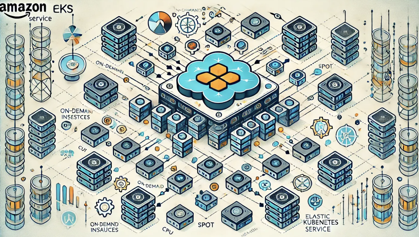 Isometric illustration of an Amazon EKS cluster provisioning on-demand and spot GPU node capacity