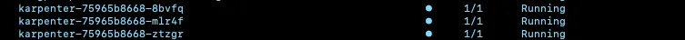 kubectl output showing three karpenter controller replicas, all Running 1/1