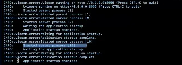 Pod logs showing Uvicorn started successfully and application startup complete