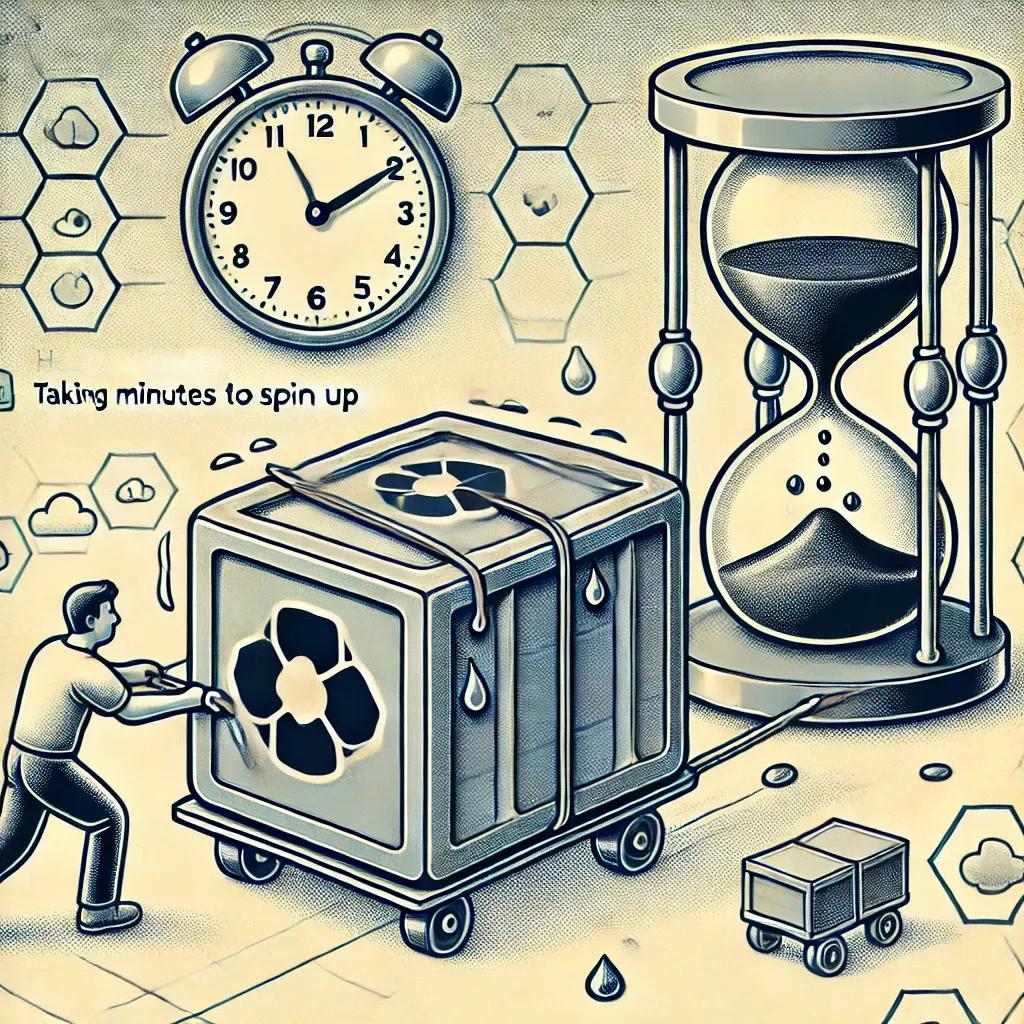 Illustration of a person pushing an oversized, overheating shipping container toward an hourglass, labeled 'Taking minutes to spin up'