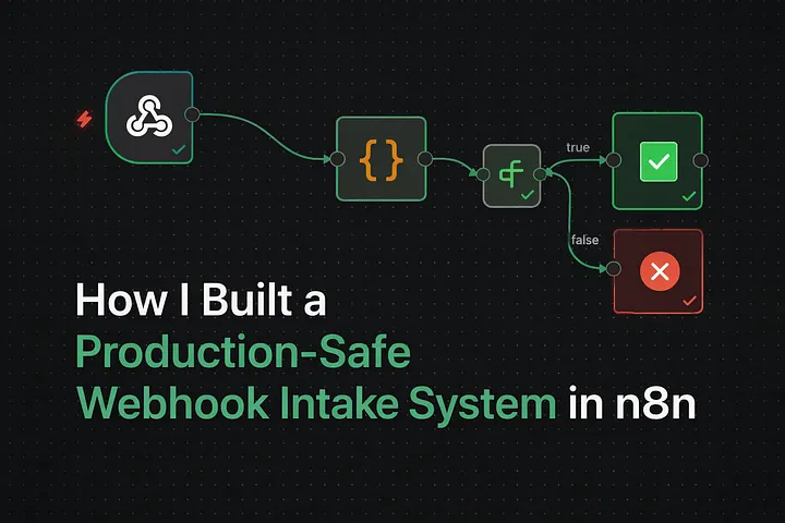 n8n workflow diagram of a webhook flowing into a code node, an IF gate, then success and error response nodes, behind the title 'How I Built a Production-Safe Webhook Intake System in n8n'