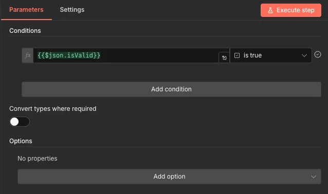 n8n IF node condition: {{$json.isValid}} is true