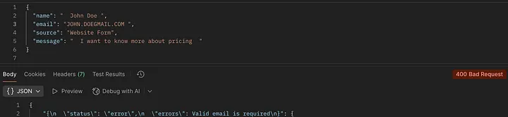 Postman request returning 400 Bad Request with a JSON body: status error, errors 'Valid email is required'