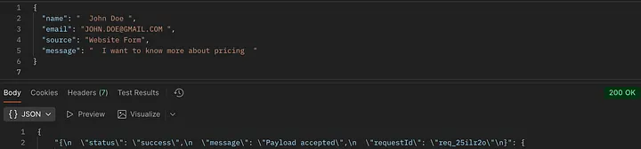Postman request returning 200 OK with a JSON body: status success, message Payload accepted, requestId req_25i1r2o