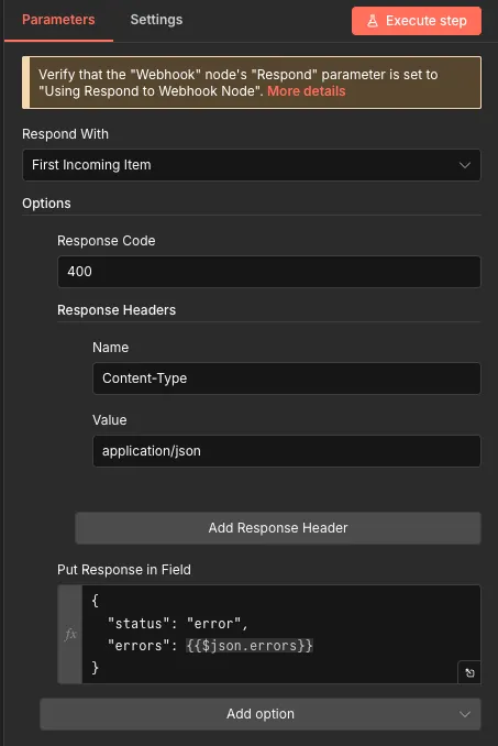 n8n Respond to Webhook node set to Response Code 400, Content-Type application/json, body containing status error and the errors array