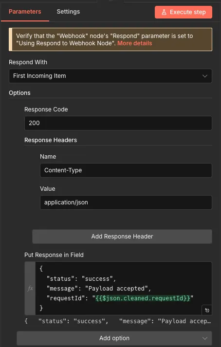 n8n Respond to Webhook node set to Response Code 200, Content-Type application/json, body containing status success and the cleaned requestId