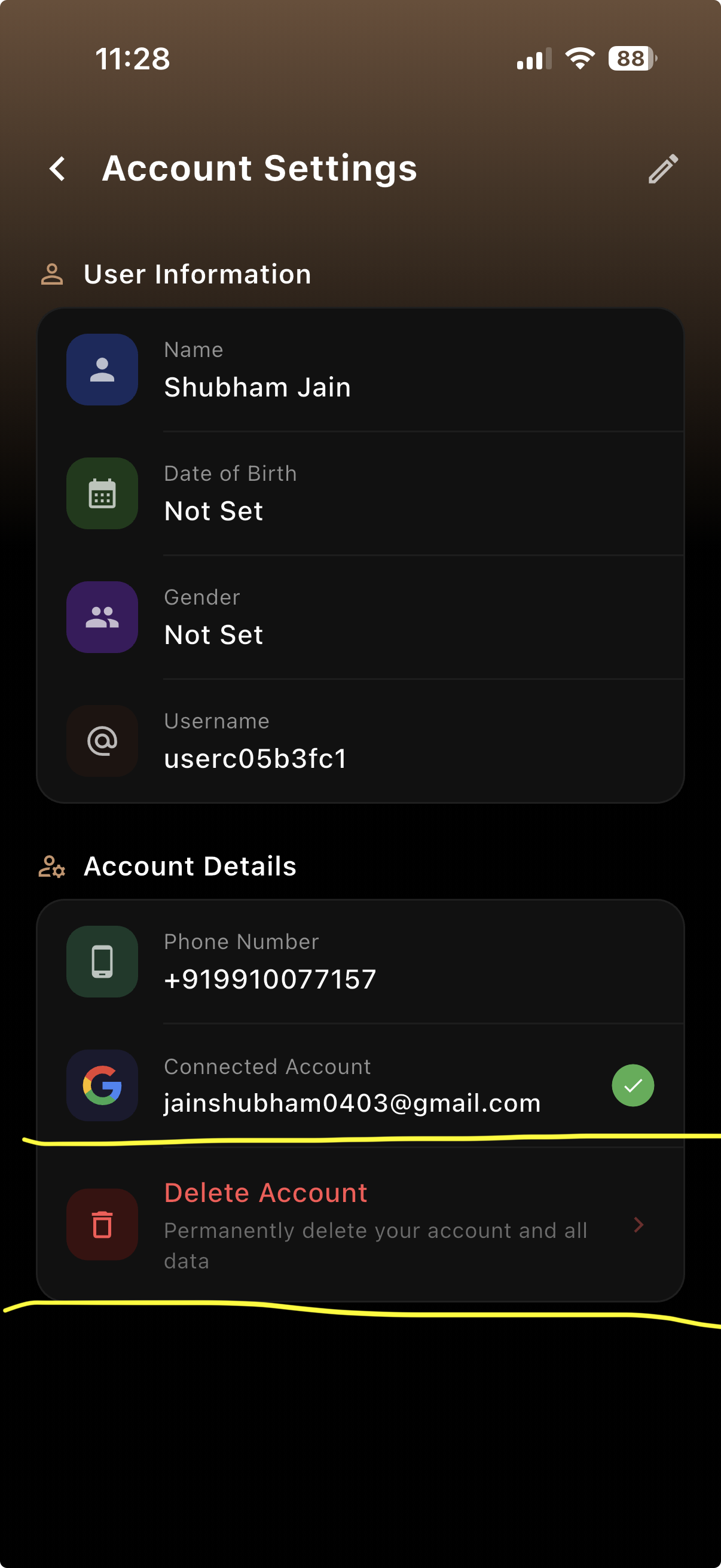 Account Settings screen showing the Delete Account option