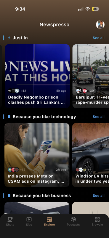Newspresso Explore screen